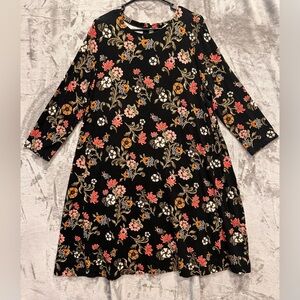 LOFT Black Dress Floral Design Long Sleeve Size Extra Large